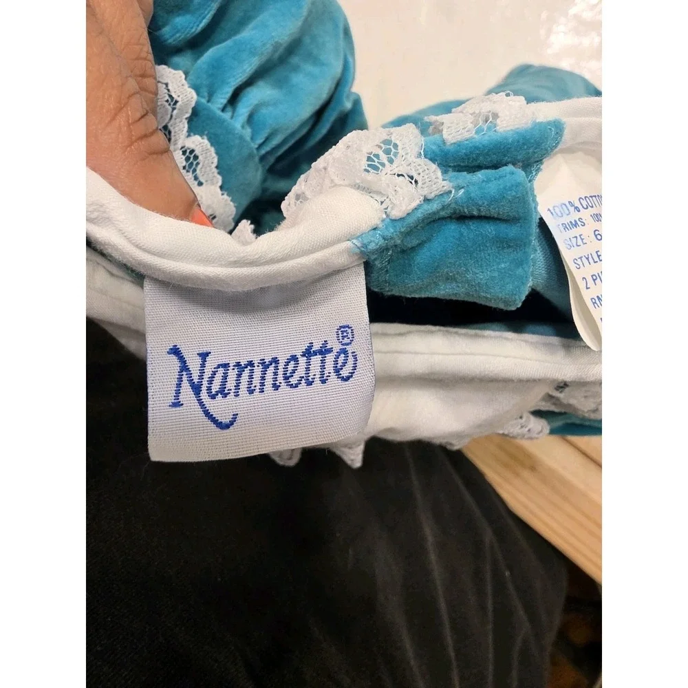 Vintage Nannette Baby Girls Velvet Dress 6-9 M Teal Rocking Horse Lace Collar